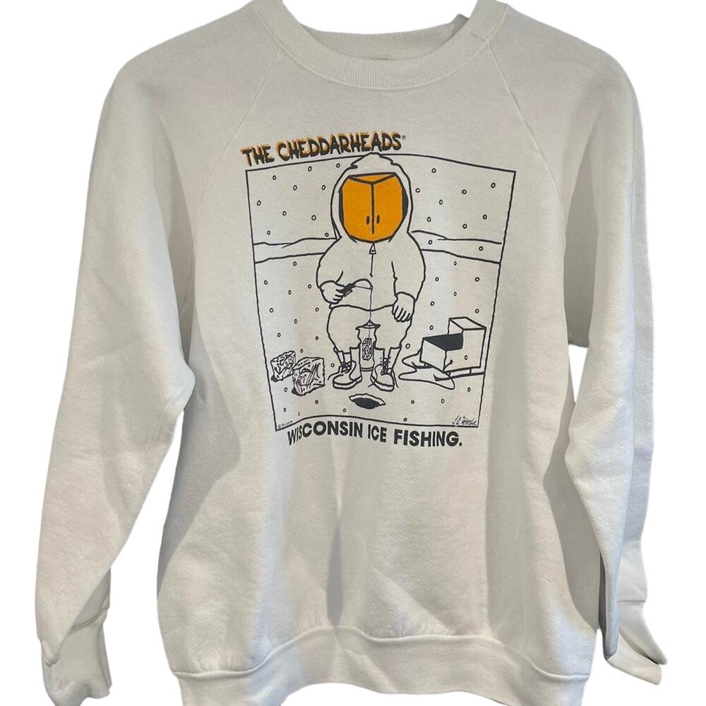 Vintage 90s The Cheddarheads Wisconsin Ice Fishing Humor Crewneck Adult Large